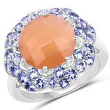 7.20 Carat Genuine Peach Moonstone and Tanzanite .925 Sterling Silver Ring