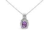 .925 Sterling Silver 9x7mm Oval Purple Amethyst and Round Diamond Accent Fashion Drop Pendant 18 Inch Necklace (I-J Color, I1-I2 Clarity)