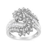 10K White Gold 1/2 Cttw Round and Baguette-Cut "S" Shaped Bypass Cocktail Ring (I-J Color, I1-I2 Clarity) - Size 7