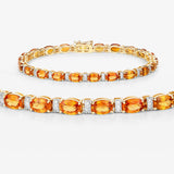 12.33 Carat Genuine Orange Sapphire and White Diamond 14K Yellow Gold Bracelet