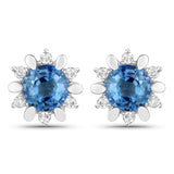 1.87 Carat Genuine Blue Sapphire and White Diamond 14K White Gold Earrings