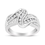 10K White Gold Ring 3/4 Cttw Round and Baguette-Cut Diamond Bypass Ring (H-I Color, I2-I3 Clarity) - Size 6
