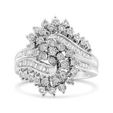 10K White Gold 1/2 Cttw Round and Baguette-Cut "S" Shaped Bypass Cocktail Ring (I-J Color, I1-I2 Clarity) - Size 7