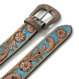 Western Cowboy Leather Belt - Blue & Brown