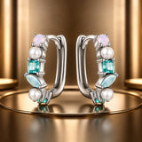 925 Sterling Silver Earrings with Nano Opal, Shell Pearl and Glass, 1.4cm for Women