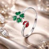 925 Sterling Silver Ladybug Four-leaf Clover Ring for Women