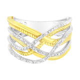 10K Yellow Gold Plated .925 Sterling Silver 1/10 Cttw Diamond Multi Row Crossover Ring Band (I-J Color, I1-I2 Clarity) - Size 7