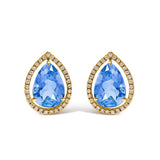 18K Yellow Gold 9x13 MM Blue Flourite Pear Halo Stud Earrings 1/2 Cttw Diamond