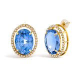 18K Yellow Gold 11x14MM Blue Fluorite Oval Stud Earrings with 1/2 Cttw Diamond Halo