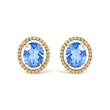 18K Yellow Gold 8X10 MM Blue Fluorite Oval and 1/2 Cttw Diamond Halo Stud Earrings