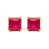 18K Yellow Gold 7x7 MM Created Red Ruby Princess Cut Solitaire Stud Earrings