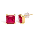 18K Yellow Gold 7x7 MM Created Red Ruby Princess Cut Solitaire Stud Earrings