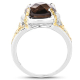 3.28 Carat Genuine Smoky Quartz and Yellow Diamond .925 Sterling Silver Ring