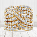 10K Yellow Gold 3.0 Cttw Diamond Eight-Row Bypass Crossover Statement Band Ring (H-I Color, I2-I3 Clarity) - Size 7