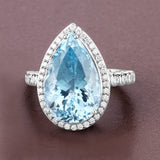 13.42 Carat Genuine Aquamarine and White Diamond 14K White Gold Ring
