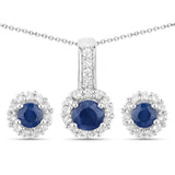 2.17 Carat Genuine Blue Sapphire and White Topaz .925 Sterling Silver Jewelry Set