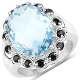 12.49 Carat Genuine Blue Topaz & Black Spinel .925 Sterling Silver Ring