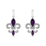 .925 Sterling Silver Marquise Cut Amethyst and Diamond Accent Fleur De Lis Dangle Stud Earrings (H-I Color, SI1-SI2 Clarity)