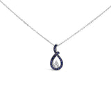 .925 Sterling Silver Created Blue and White Sapphire Teardrop Shaped Pendant Necklace - 18" Inches