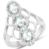 1.54 Carat Genuine Aquamarine and White Zircon .925 Sterling Silver Ring