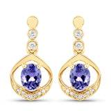 0.76 Carat Genuine Tanzanite and White Diamond 14K Yellow Gold Earrings