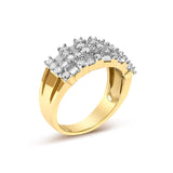 14K Yellow Gold 1.0 Cttw Round and Baguette Diamond Multi-Row Band Ring