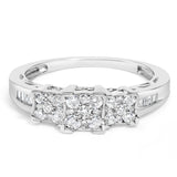 10K White Gold 1/2 Cttw Brilliant & Baguette Cut Diamond 3 Stone Design with 3 Square Clusters Engagement Ring (H-I Color, SI2-I1 Clarity) - Size 6-3/4