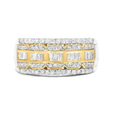 10K White and Yellow Gold 1.00 Cttw Baguette and Round cut Diamond Art Deco Multi-Row Ring Band (I-J Color, I1-I2 Clarity) - Ring Size 7