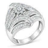 .925 Sterling Silver 1-1/8 Cttw Round & Baguette Diamond 'Flower & Fern' Cluster Cocktail Fashion Ring (I-J Color, I2-I3 Clarity) - Size 6
