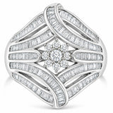 .925 Sterling Silver 1-1/8 Cttw Round & Baguette Diamond 'Flower & Fern' Cluster Cocktail Fashion Ring (I-J Color, I2-I3 Clarity) - Size 6