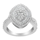 .925 Sterling Silver 1.0 Cttw Round & Baguette-Cut Diamond Marquise-Shaped Cluster Triple Stepped Halo Cocktail Fashion Ring (I-J Color, I2-I3 Clarity) - Size 7