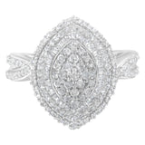 .925 Sterling Silver 1.0 Cttw Round & Baguette-Cut Diamond Marquise-Shaped Cluster Triple Stepped Halo Cocktail Fashion Ring (I-J Color, I2-I3 Clarity) - Size 7