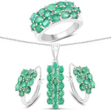 7.80 Carat Genuine Zambian Emerald .925 Sterling Silver 3 Piece Jewelry Set (Ring, Earrings, and Pendant w/ Chain)