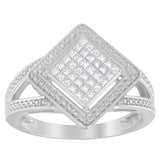 .925 Sterling Silver 1/3 Cttw Invisible Set Princess-Cut Diamond Rhombus and Beaded Halo Ring (H-I Color, SI1-SI2 Clarity) - Ring Size 7