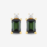 1.24 Carat Genuine Green Tourmaline and White Diamond 14K Yellow Gold Earrings
