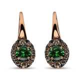 18K Rose and White Gold 3/8 Cttw Round Brown Diamonds and Round Green Tsavorite Gemstone Halo Drop Hoop Earrings (Brown Color, SI1-SI2 Clarity)