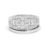 14K White Gold 1.0 Cttw Round and Baguette Diamond Cluster Bridal Set