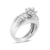 14K White Gold 1.0 Cttw Round and Baguette Diamond Cluster Bridal Set