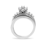 14K White Gold 1.0 Cttw Round and Baguette Diamond Cluster Bridal Set