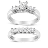 14K White Gold 1 1/2 Cttw 5 Stone Princess Diamond Engagement Wedding Ring Set (H-I Color, SI2-I1 Clarity) - Ring Size 7