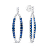 18K White Gold 1.11 Cttw Blue Round Diamond and Blue Sapphire Openwork Oval Shaped Dangle Earrings (F-G Color, VS1-VS2 Clarity)