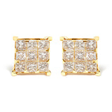 14K Yellow Gold 1 1/2 Cttw Invisible Set Princess-Cut Diamond 9 Stone Square Stud Earrings (J-K Color, SI2-I1 Clarity)