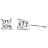 AGS Certified 14K White Gold 1.0 Cttw 4-Prong Set Princess-Cut Solitaire Diamond Push Back Stud Earrings (I-J Color, SI2-I1 Clarity)