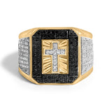 Men's 10K Yellow Gold 1 1/2 Cttw White and Black Diamond Cross Signet Ring