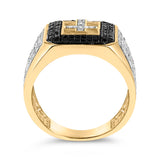 Men's 10K Yellow Gold 1 1/2 Cttw White and Black Diamond Cross Signet Ring
