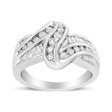 10K White Gold Ring 3/4 Cttw Round and Baguette-Cut Diamond Bypass Ring (H-I Color, I2-I3 Clarity) - Size 6