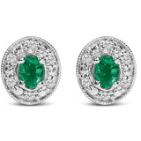 14K White Gold Oval Green Emerald and 1/10 Cttw Diamond Halo Stud Earrings  (I-J Color, I1-I2 Clarity)