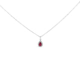 14K White Gold 6x4 Pear Red Ruby and Diamond Halo Pendant Necklace - 18" Inches