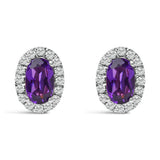 10K White Gold 5x3 MM Oval Purple Amethyst and Diamond Halo Stud Earrings (I-J Color, I1-I2 Clarity)