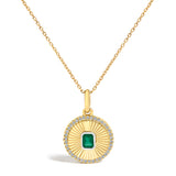 10K Yellow Gold 4x3 MM Emerald and 1/10 Cttw Diamond Circle Fluted Medallion Pendant Necklace